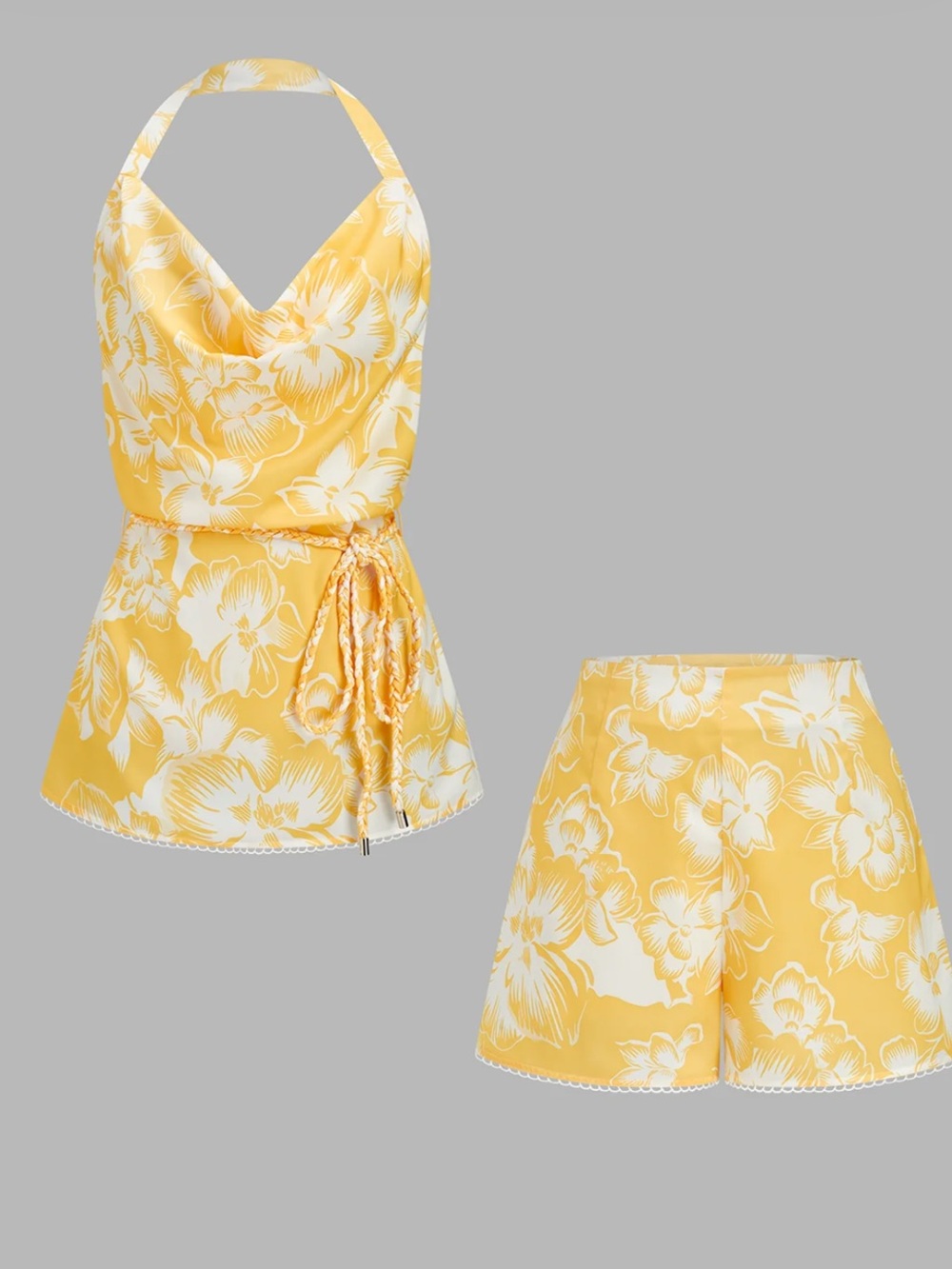 Commense Yellow Floral Halter Top & Shorts Set Large